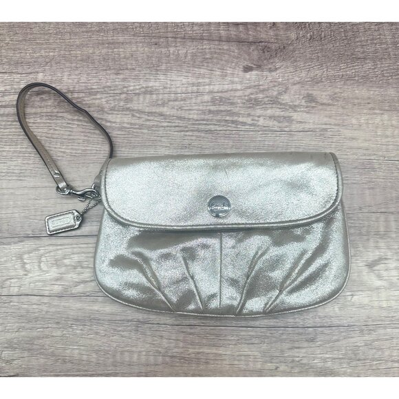 Coach Clutch Wristlet Womens Small Metallic Gold Shimmer Card Slots Zip Side - Picture 1 of 14